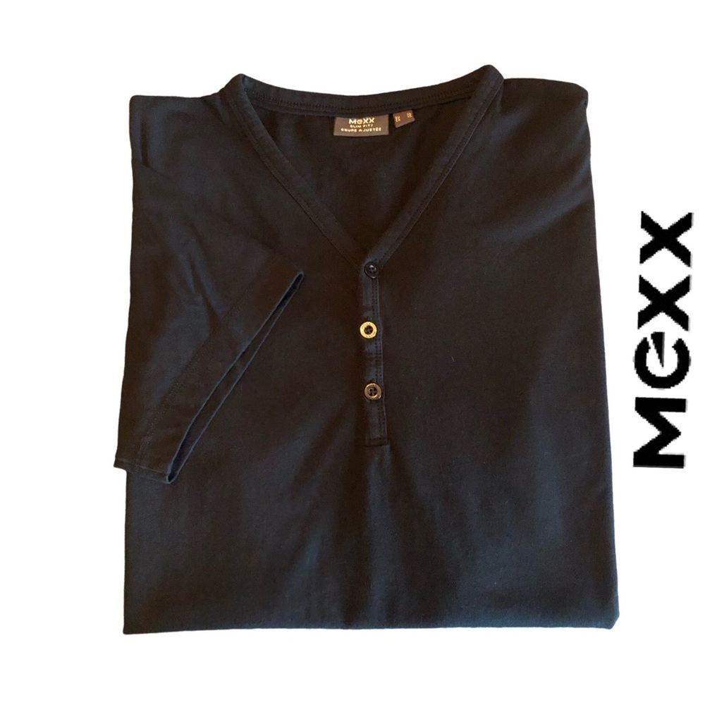 Mexx Henley Button Front Short Sleeve T-shirt‎ in Black - NWOT